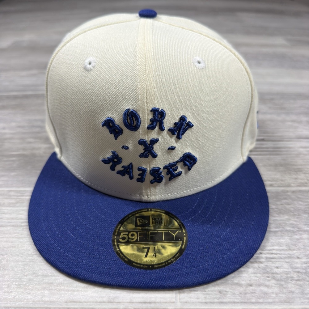 Born X Raised‎ New Era 59FIFTY Rocker Fitted Hat Cap Size 7 1/4 Cream/Royal Blue